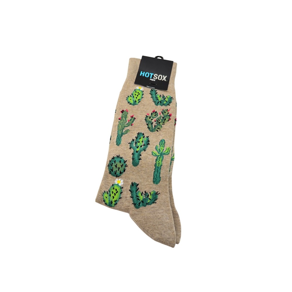 Hot Sox Cactus Crew Socks Tan Beige Southwest Desert Novelty 10-13